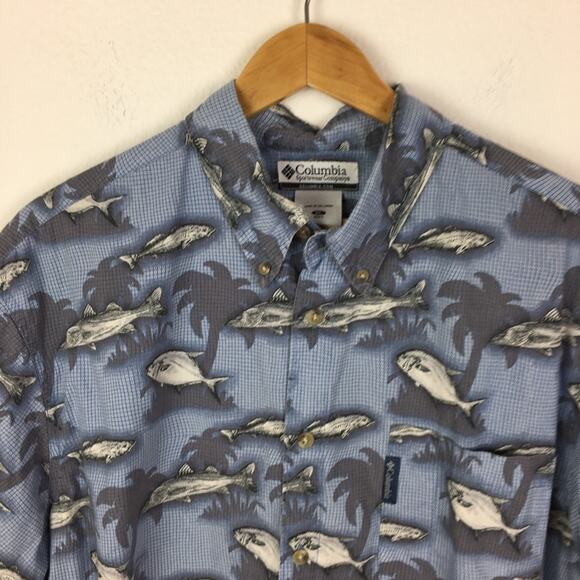 Columbia Blue Gray Fish Print Short Sleeve Button Down Shirt XL - Picture 3 of 7